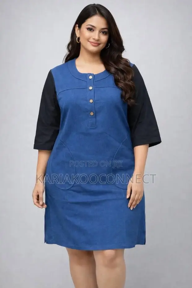 Casual Denim-Look Shift Dress with Contrast Sleeves - 1