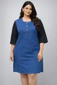Casual Denim-Look Shift Dress with Contrast Sleeves - 1