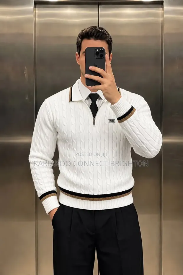 Man Turkey White & Brown Striped Knitted Zip Sweater - 1