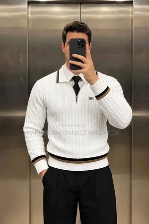 Man Turkey White & Brown Striped Knitted Zip Sweater