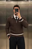 Man Turkey White & Brown Striped Knitted Zip Sweater - 2