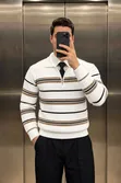 Man Turkey White & Brown Striped Knitted Zip Sweater - 3