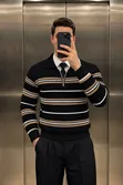 Man Turkey White & Brown Striped Knitted Zip Sweater - 4