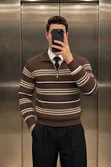 Man Turkey White & Brown Striped Knitted Zip Sweater - 5