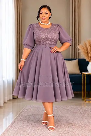 Gauni la Chiffon na Kifua cha Renda - Midi