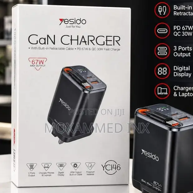 Yesido YC146 GaN PD67W Charger with Retractable Cable & Display - 1
