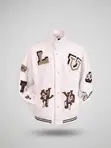 Jaketi la Bomber la Varsity Nyeupe na Patches - 1