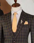 Mario Casas Checkered Formal Suit - Gold on Grey 3-Piece - 1