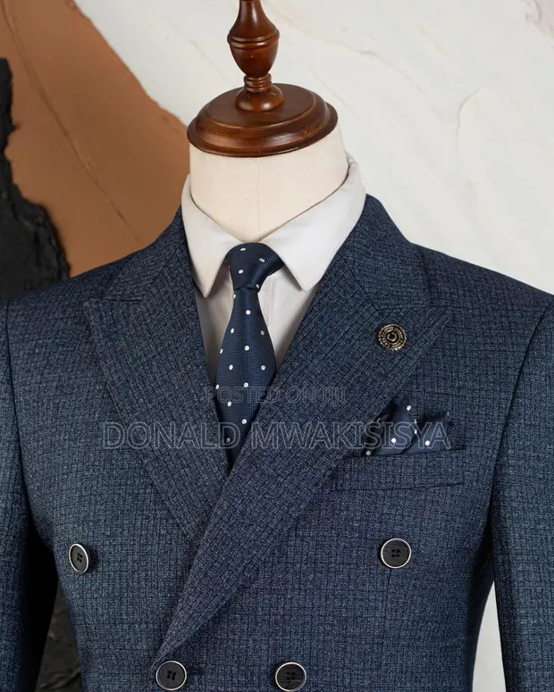 Carlos Cardini Suti ya Navy Blue Check Double Breasted - Vitufe 6 - 1