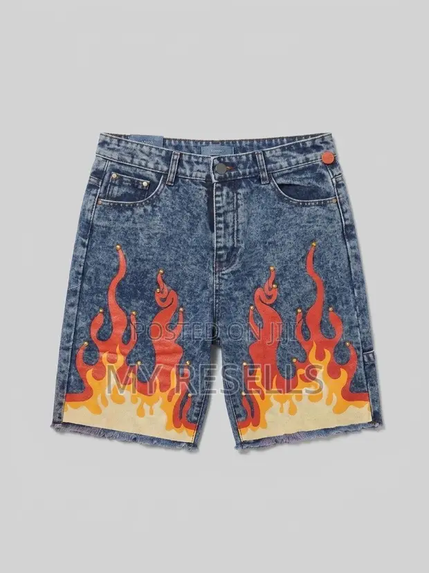 Flame Studded Acid Wash Denim Jorts - 1