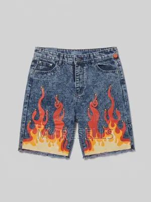Flame Studded Acid Wash Denim Jorts