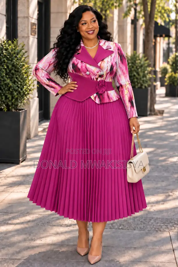 Luxury Pleated Two-Piece Dress - Blazer Top & Skirt with Corset Belt - 1