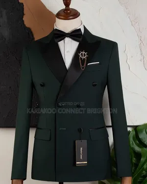 Giorgio Armani Dark Green Double-Breasted Tuxedo Suit with Bow Tie