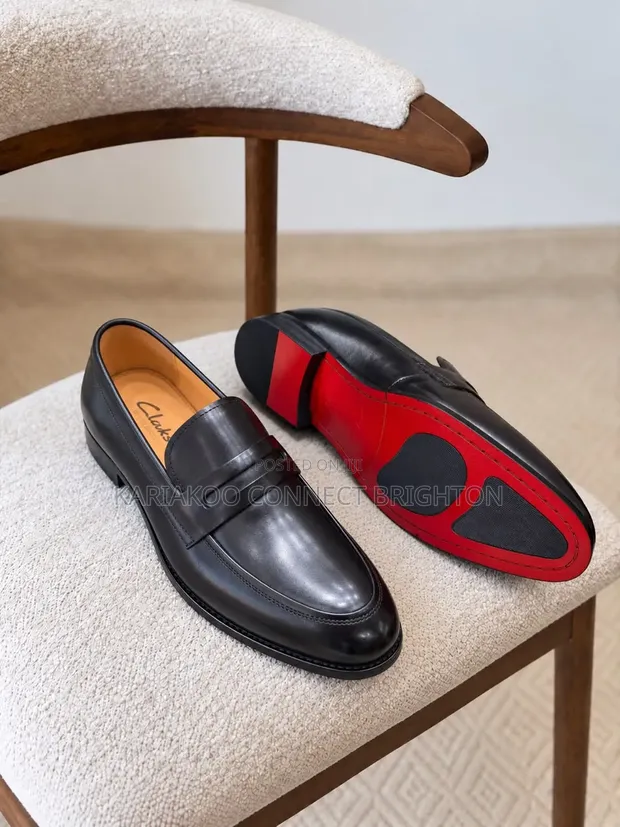 Clarks Black Leather Penny Loafers - Red Sole - 1