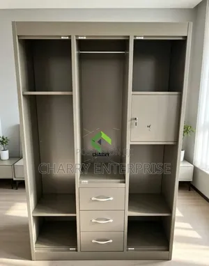 Modern 3-Door Metal and Wood Finish Wardrobe
