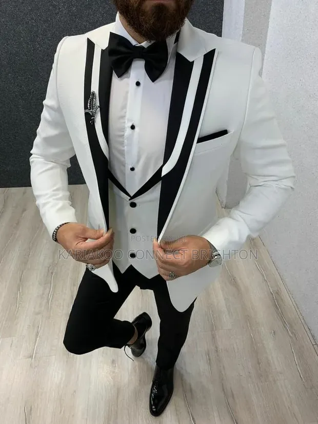 White & Black Contrast Three-Piece Suit with Bow Tie & Lapel Pin - 1