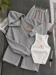 Seti ya Tracksuit Nyeusi ya Vipande Vitatu na Tank Top, Hoodie & Sweatpants - 3