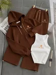 Seti ya Tracksuit Nyeusi ya Vipande Vitatu na Tank Top, Hoodie & Sweatpants - 4