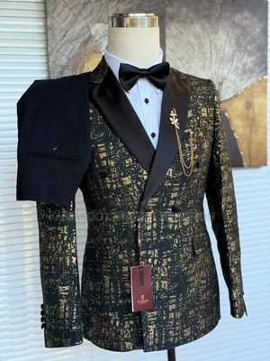 St Oscar Black & Gold Metallic Patterned Double-Breasted Tuxedo Suit