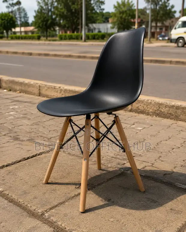 Eames Style Modern Black Dining Chair with Wooden Legs - 1