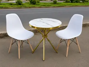 Modern Round Marble Dining Table Set with 2 White Eames Chairs