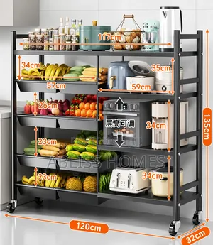 Multifunctional Strong Metallic Kitchen Rack with Movable Lockable Wheels