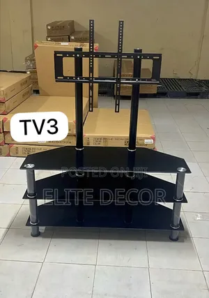 Stendi ya TV ya Kioo Cheusi - Ghorofa 3 za Kioo Kilichopinda