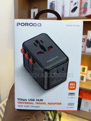 Chaja ya Kusafiri ya Porodo Universal GaN PD 65W - Nyeusi