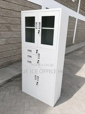 Kabati Nyeupe ya Chuma ya Ofisi yenye Milango ya Kioo na Droo