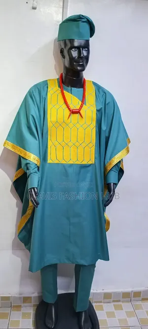 Agbada ya Wanaume ya Nigeria Tayari - Kijani na Dhahabu - Saizi Kubwa