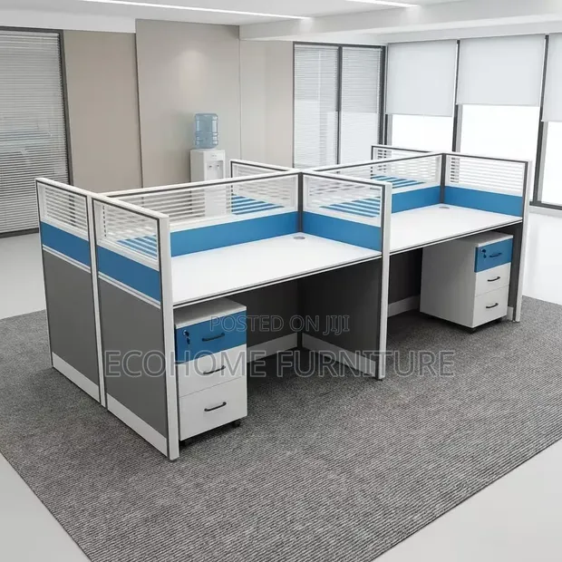 4-Seater Office Workstation with Blue Privacy Panels - 1