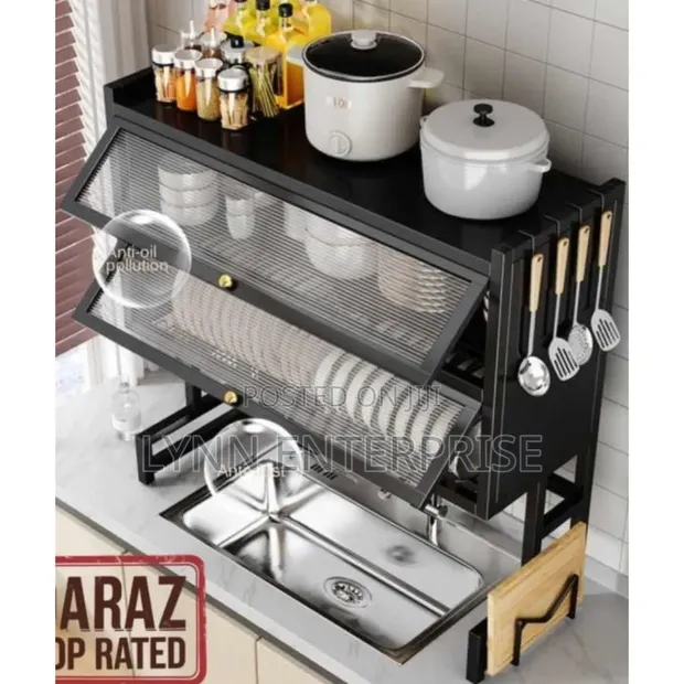 Double Layer Over Sink Dish Rack with Acrylic Cover - 1