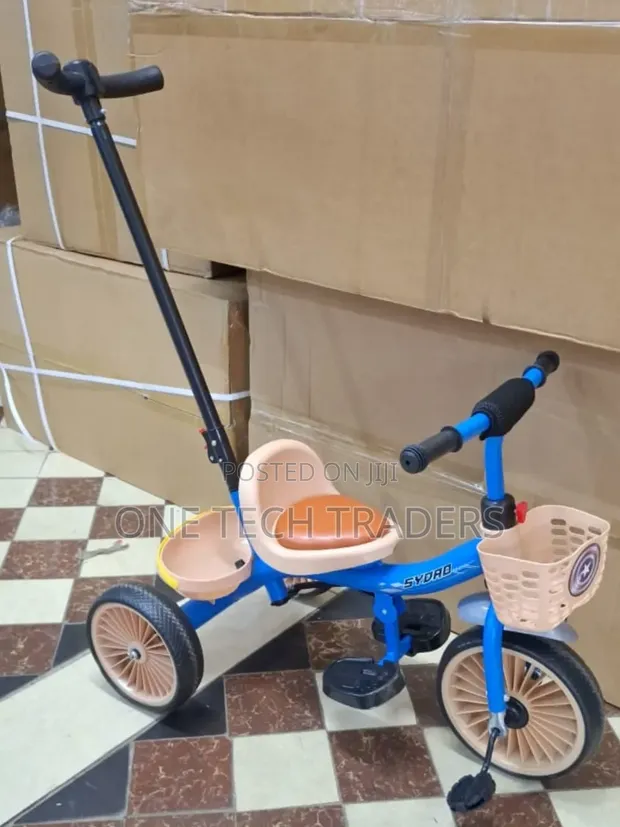 Blue Tricycle with Push Handle & Leather Seat - 1