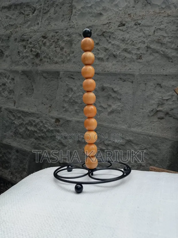 Freestanding Metallic Paper Towel Holder With Solid Wood Beads - 1