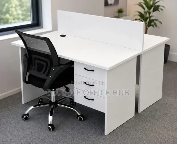 Modern White Office Workstation Desk with Drawers & Privacy Panel - 1