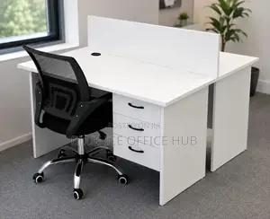 Modern White Office Workstation Desk with Drawers & Privacy Panel