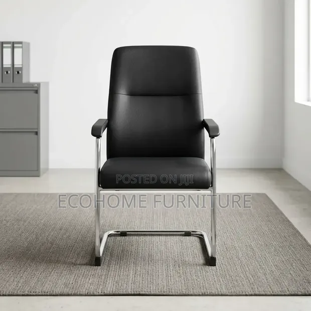 Visitor Chair - Black Leather Office Chair with Chrome Frame - 1