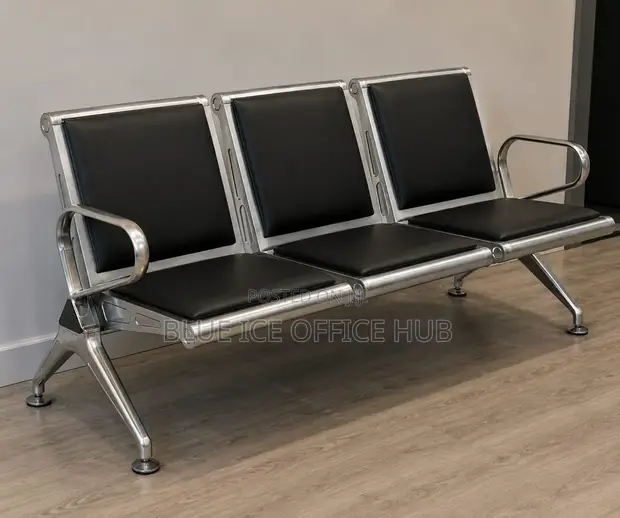Modern 3-Seater Black Leather Reception Chair - 1