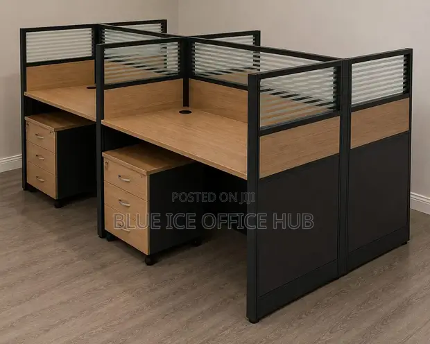 4-Person Office Workstation with Privacy Screens & Drawers - 1
