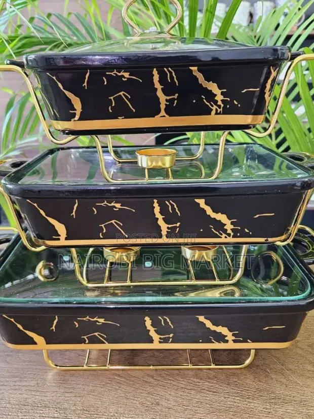 3pcs Black Gold Ceramic Chafing Dishes - 1