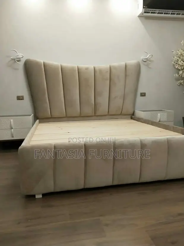 5x6 Beige Velvet Wingback Chester Bed - 1