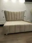 5x6 Beige Velvet Wingback Chester Bed - 1
