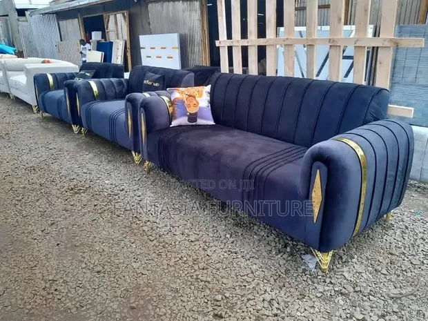 Navy Blue 3-Seater Sofa with Gold Trim - 1