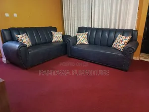 Navy Blue 3-Seater + 2-Seater Faux Leather Sofa Set