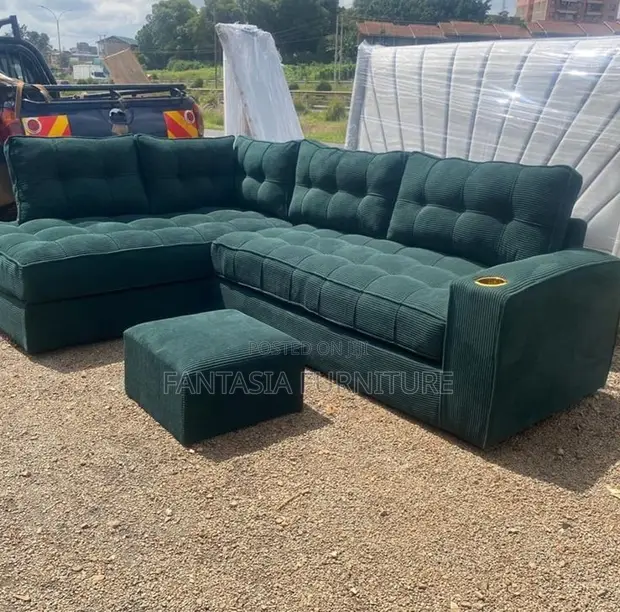 5 Seater L-Shaped Sofa with Ottoman - Jungle Green - 1