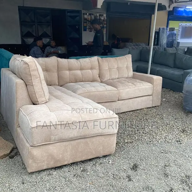 5 Seater Beige Tufted Corner Sofa - 1