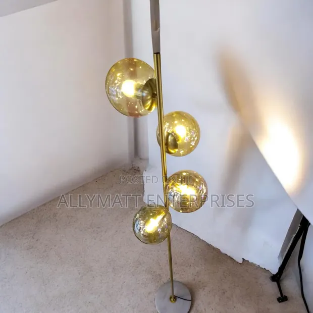 Floor Lamp - Brass/Gold Finish with Amber Glass Shades - 1