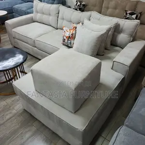 5 Seater Beige L-Shaped Sofa with Ottoman