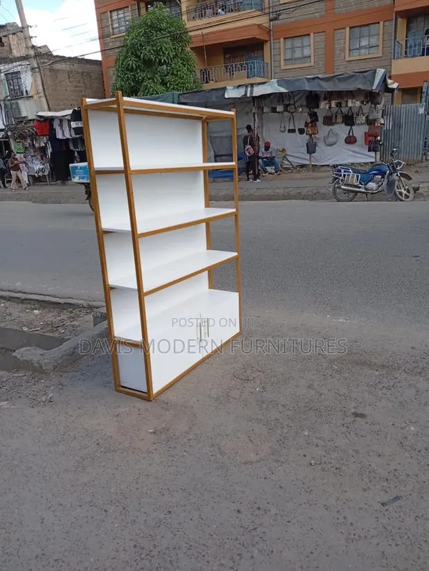 5-Tier Display Shelf with Cabinet - White & Gold - 1