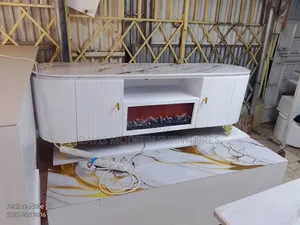 Modern White Oval TV Stand with Faux Fireplace & Marble Top
